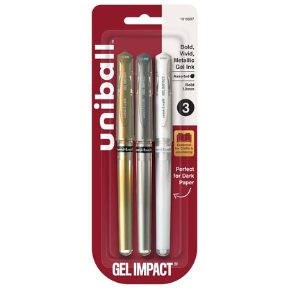 Uni Ball 1919997 Impact Gel Pens, Bold Point (1.0mm), Assorted Metallic, 3 Count