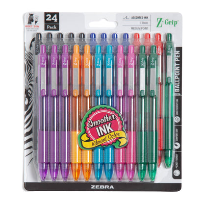 Zebra 12223 Z-Grip Retractable Ballpoint 1.0mm Assorted 24pk