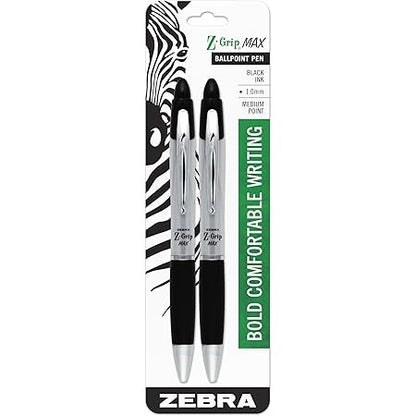 Zebra 22412 Z-Grip Max Retractable Ballpoint 1.0mm Black 2pk