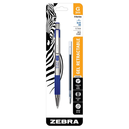 Zebra 41321 G-301 Gel Retractable 0.7mm Blue 1pk with Refill