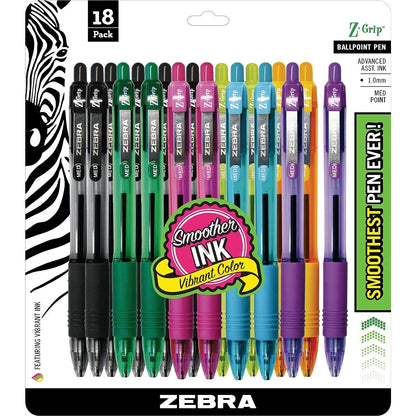 Zebra 22208 Z-Grip Retractable Ballpoint 1.0mm Fashion Assorted 18pk