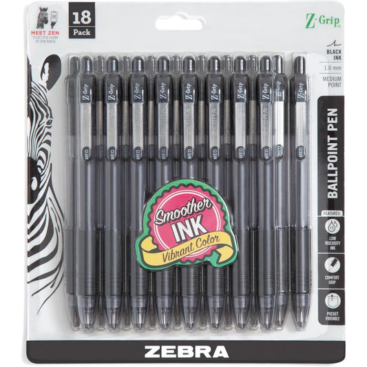 Zebra 22218 Z-Grip Retractable Ballpoint 1.0mm Black 18pk