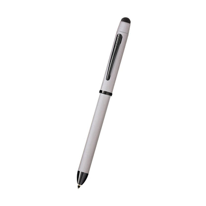 Cross Tech3+ Multi Function Pen. Brushed Chrome with Engraved Engine-Turned Diamond-Pattern Finish with Black PVD Appointments, 0.5mm lead and optional stylus.