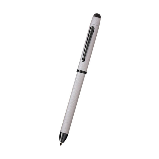 Cross Tech3+ Multi Function Pen. Brushed Chrome with Engraved Engine-Turned Diamond-Pattern Finish with Black PVD Appointments, 0.5mm lead and optional stylus.