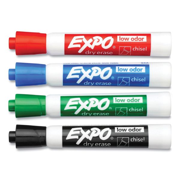 80074 Expo Low Odor Dry Erase Whiteboard Marker, Chisel Tip, Pack of 4 Colors