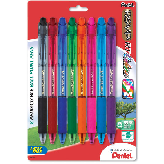 Pentel BK93CRBP8M R.S.V.P. RT, 8pk Asst