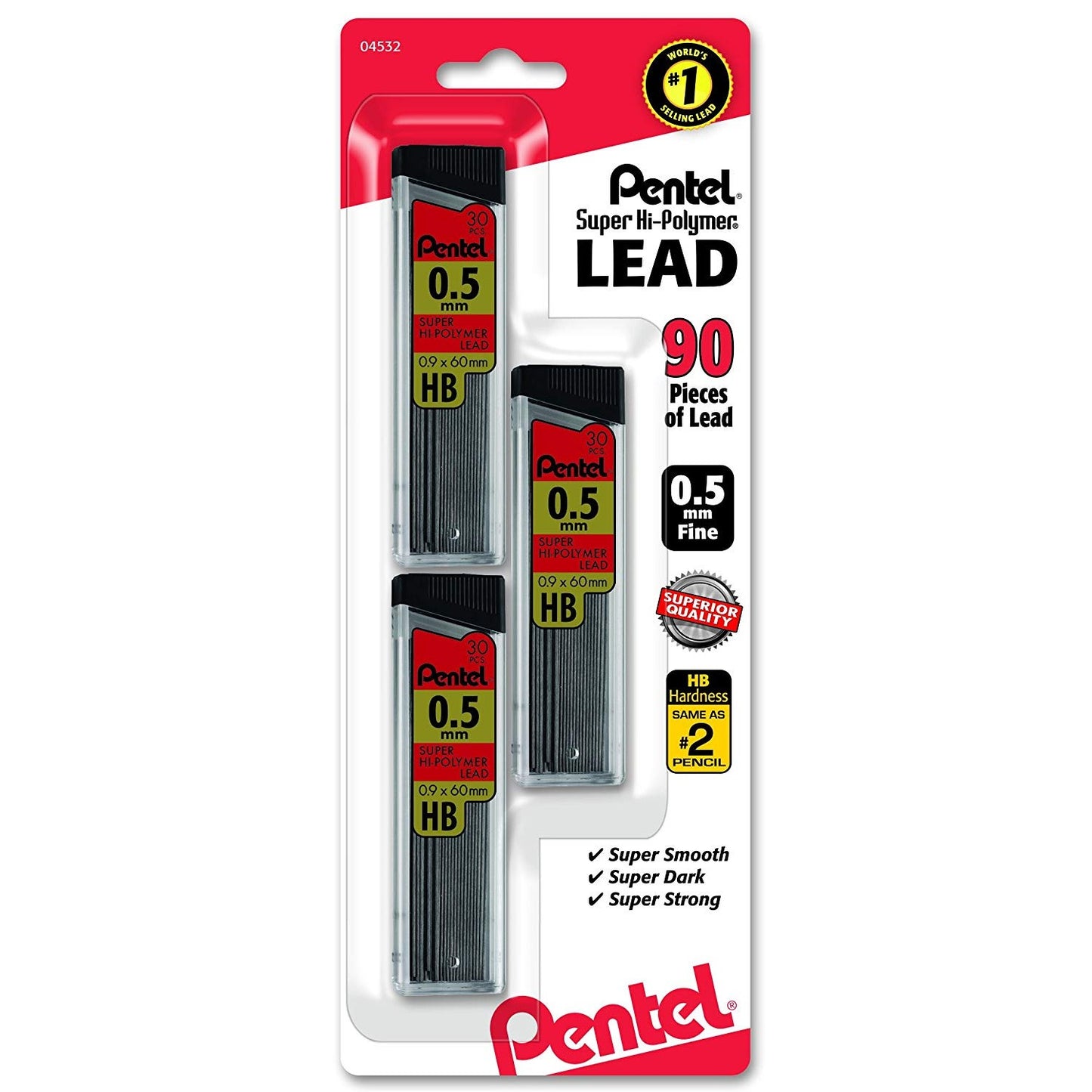 Pentel C25BPHB3-K6 Super Hi-Polymer 0.5mm Med Lead 30/pcs , 3pk