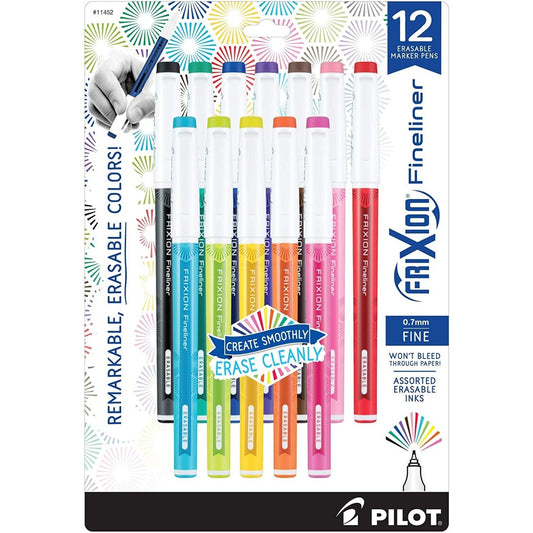11452 Pilot Frixion Fineliner Erasable Marker Pens, Fine Point, Assorted Color Inks, 12-Pack
