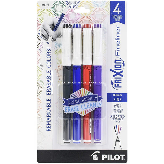 12478 Pilot Frixion Fineliner Erasable Marker Pens, Fine 0.6Mm, Pack Of 4 Colors
