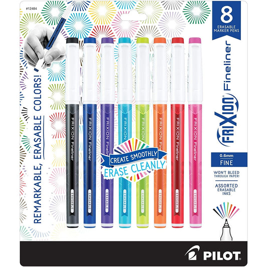 12484 Pilot Frixion Fineliner Erasable Marker Pen, Fine 0.6Mm, Pack Of 8 Colors