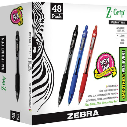 Zebra 22048 Z-Grip Retractable Ballpoint 1.0mm Assorted 48pk