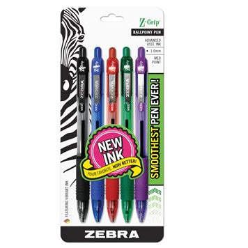Zebra 22205 Z-Grip Retractable Ballpoint 1.0mm Assorted 5pk