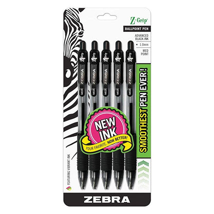 Zebra 22215 Z-Grip Retractable Ballpoint 1.0mm Black 5pk