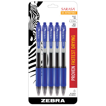 Zebra 46865 Sarasa Retractable Gel Ink Pens, Medium Point 0.7mm, Blue Ink