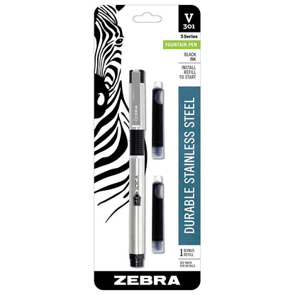 Zebra 48111 V-301 Stainless Steel Fountain Pen Black 1pk w/Bonus Refill