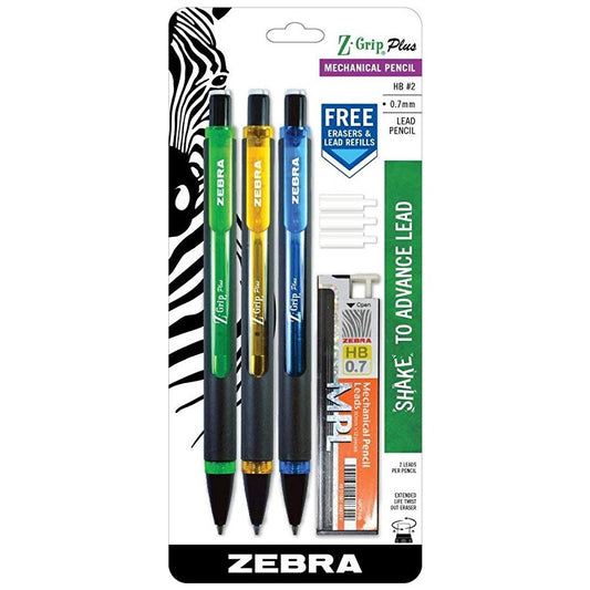 Zebra 55403 Z-Grip Plus MP 0.7mm Asst 3pk with Bonus Lead & Erasers