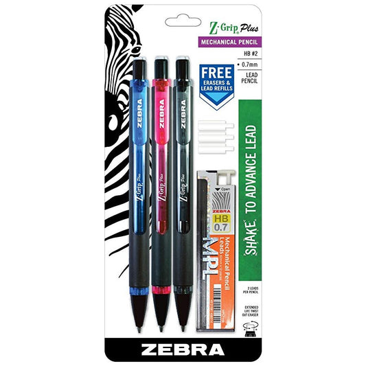 Zebra 55603 Z-Grip Plus MP 0.7mm Asst 3pk with Bonus Lead & Erasers