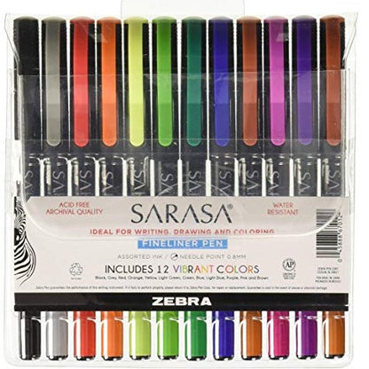 Zebra 67012 Sarasa Fineliner Pen 0.8mm Assorted 12pk